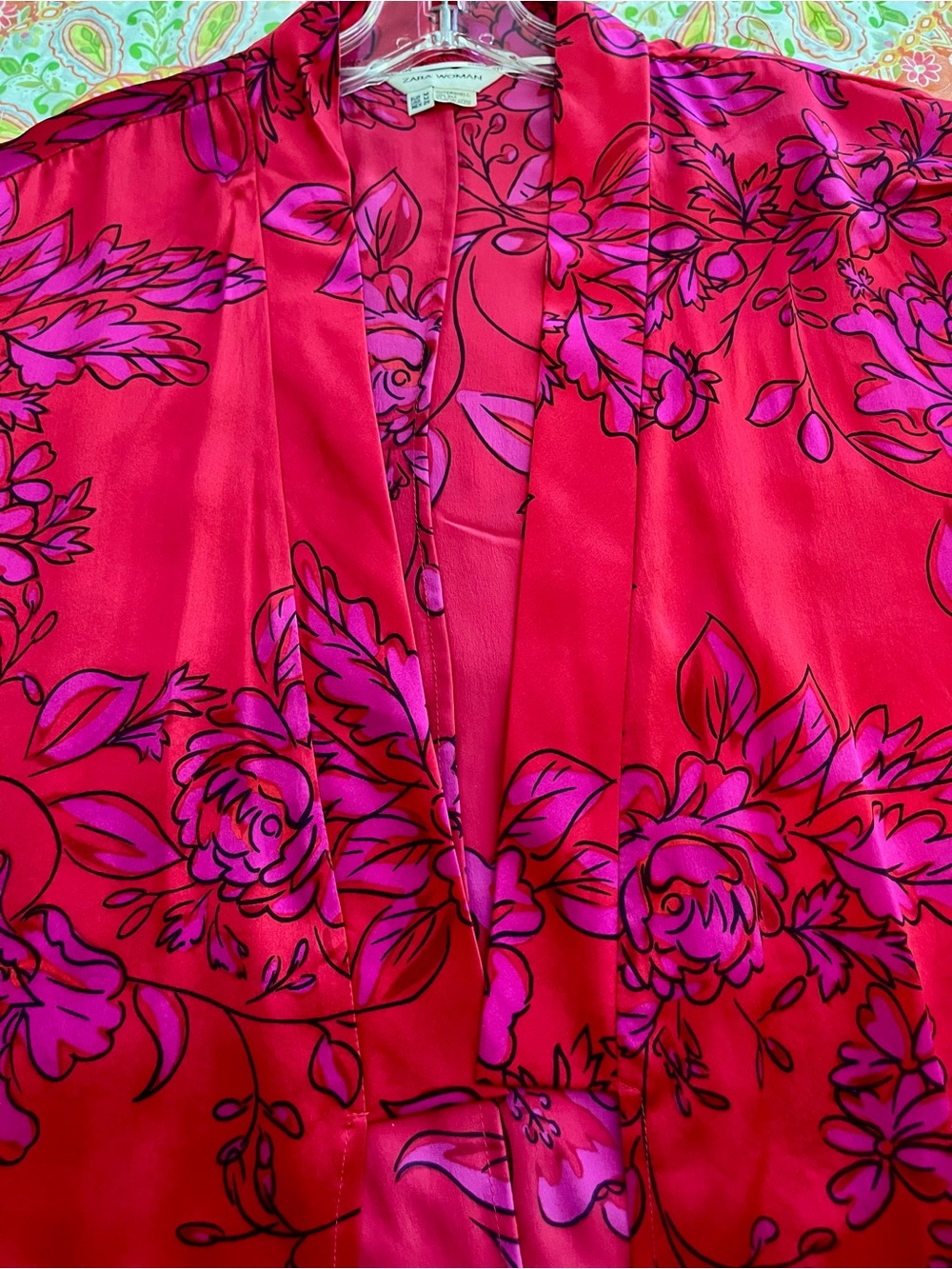 Zara 100% Silk Floral Kimono Top in Red, Black and Fuchsia Made In Spain